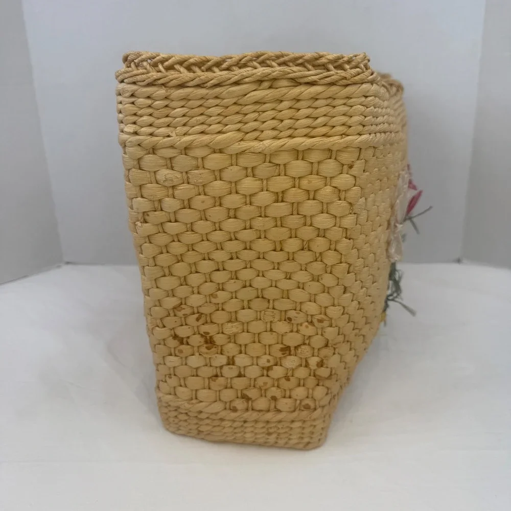 Vintage Woven Straw Tote Bag Raffia Floral Embroidery Boho Basket Beach Bag Tan - Picture 5 of 14